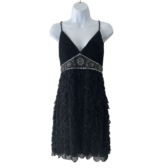 Vtg Y2K Sue Wong Black Silk Beaded Cocktail Dress 6 Vampy Witchy Fairy Grunge - Picture 1 of 12